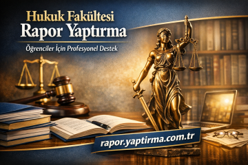 Law faculty report-writing help banner featuring Lady Justice, gavel, books, laptop, and the URL rapor.yaptirma.com.tr