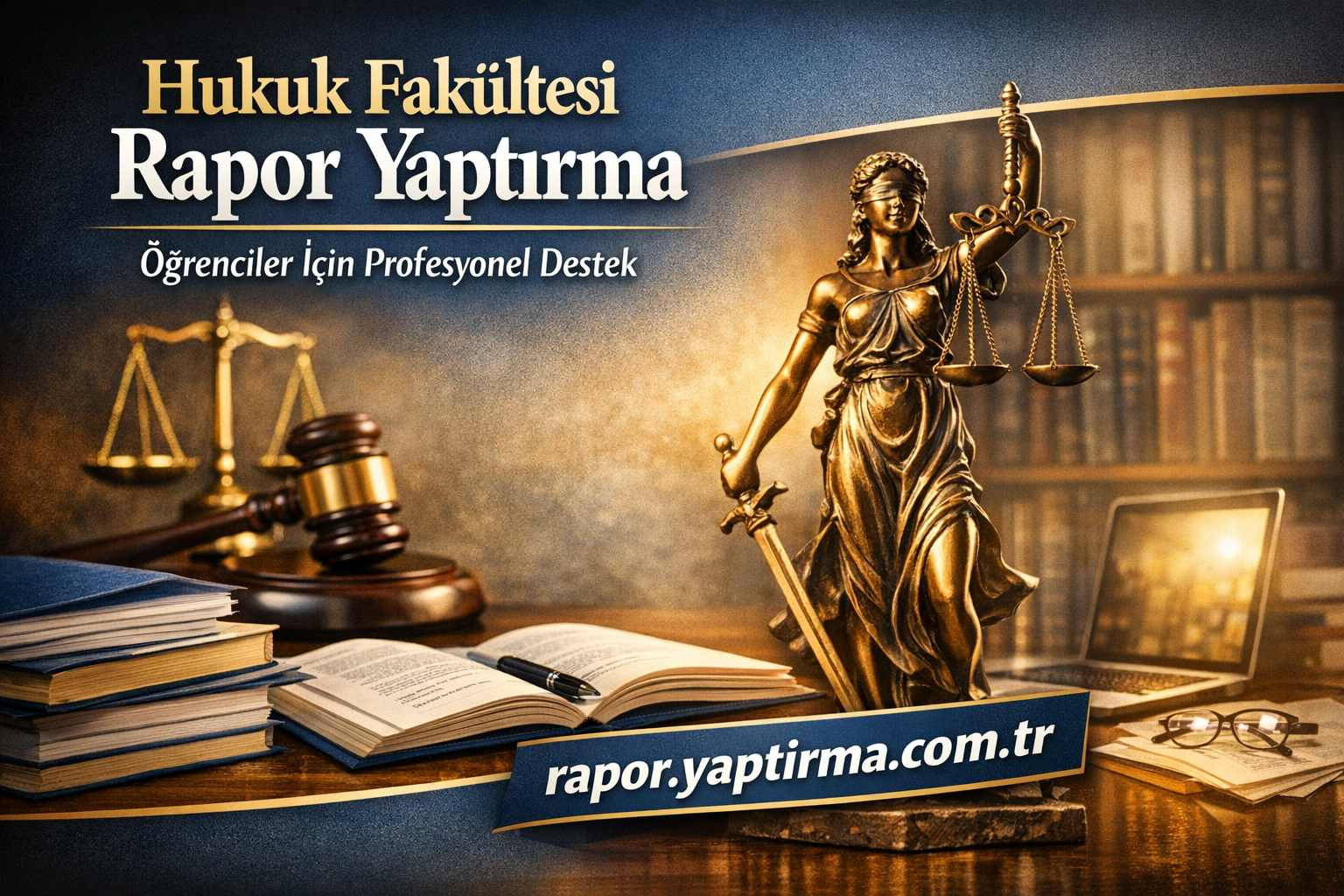 Law faculty report-writing help banner featuring Lady Justice, gavel, books, laptop, and the URL rapor.yaptirma.com.tr
