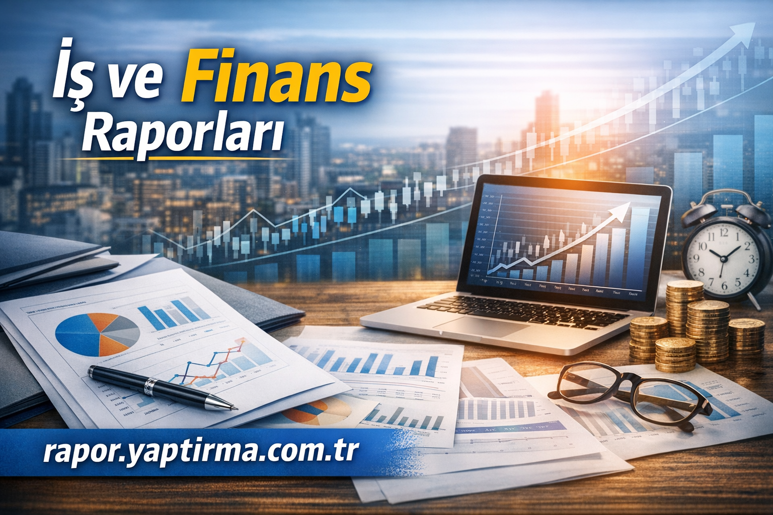 Turkish finance reports theme: desk with charts, a laptop showing stock graphs, coins, clock and city skyline backdrop.