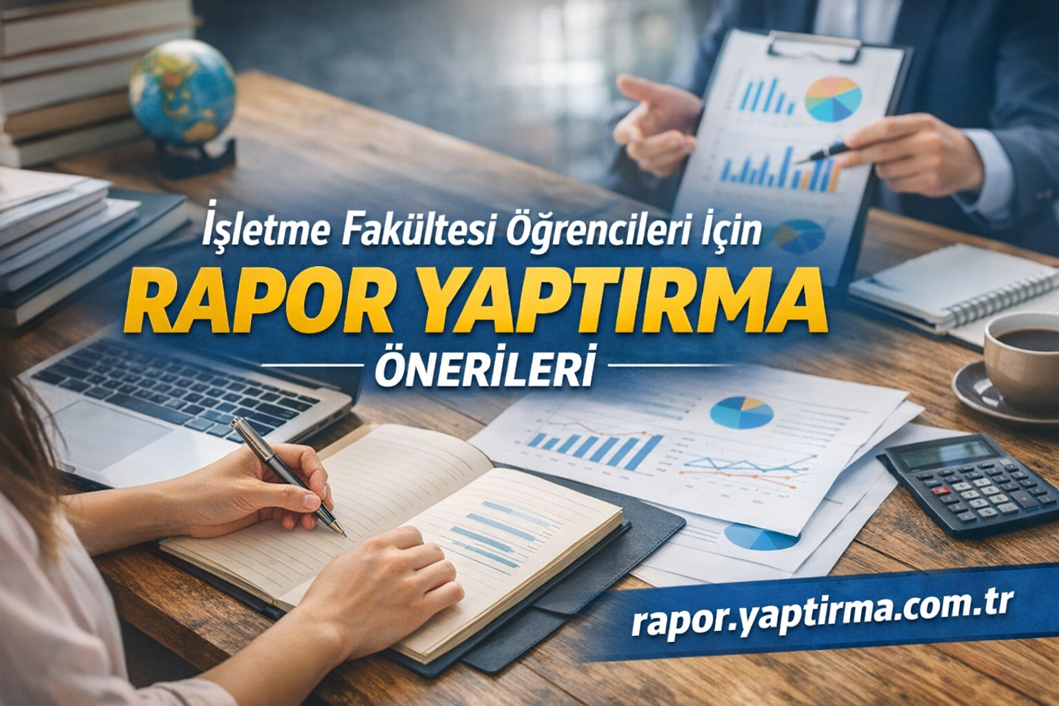 İşletme Fakültesi öğrencileri için rapor yaptırma önerileri başlıklı bir banner; masada grafikler, notlar ve laptop görülüyor, site adresi yazılıdır.