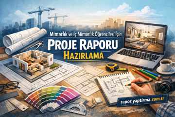 Poster-style banner for architecture and interior architecture students: 'Proj e Raporu Hazırlama' with architectural tools, blueprints, a 3D house model, laptop showing an interior, color swatches, and drafting supplies.