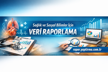 Banner for health and social sciences data reporting, with charts, stethoscope, laptop, and magnifying glass visuals behind Turkish text.