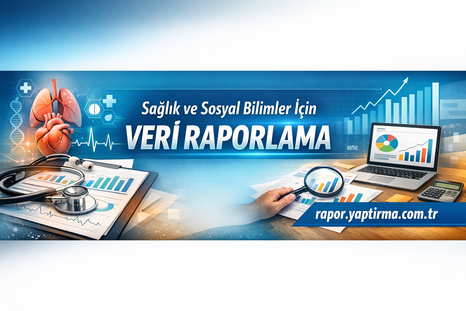 Banner for health and social sciences data reporting, with charts, stethoscope, laptop, and magnifying glass visuals behind Turkish text.