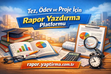 Tez, ödev ve proje için rapor yazdırma platformu reklamı; masa üzerinde kitaplar, grafikler, büyüteç ve saat ile çağrışım yapıyor. site: rapor.yaptirma.com.tr