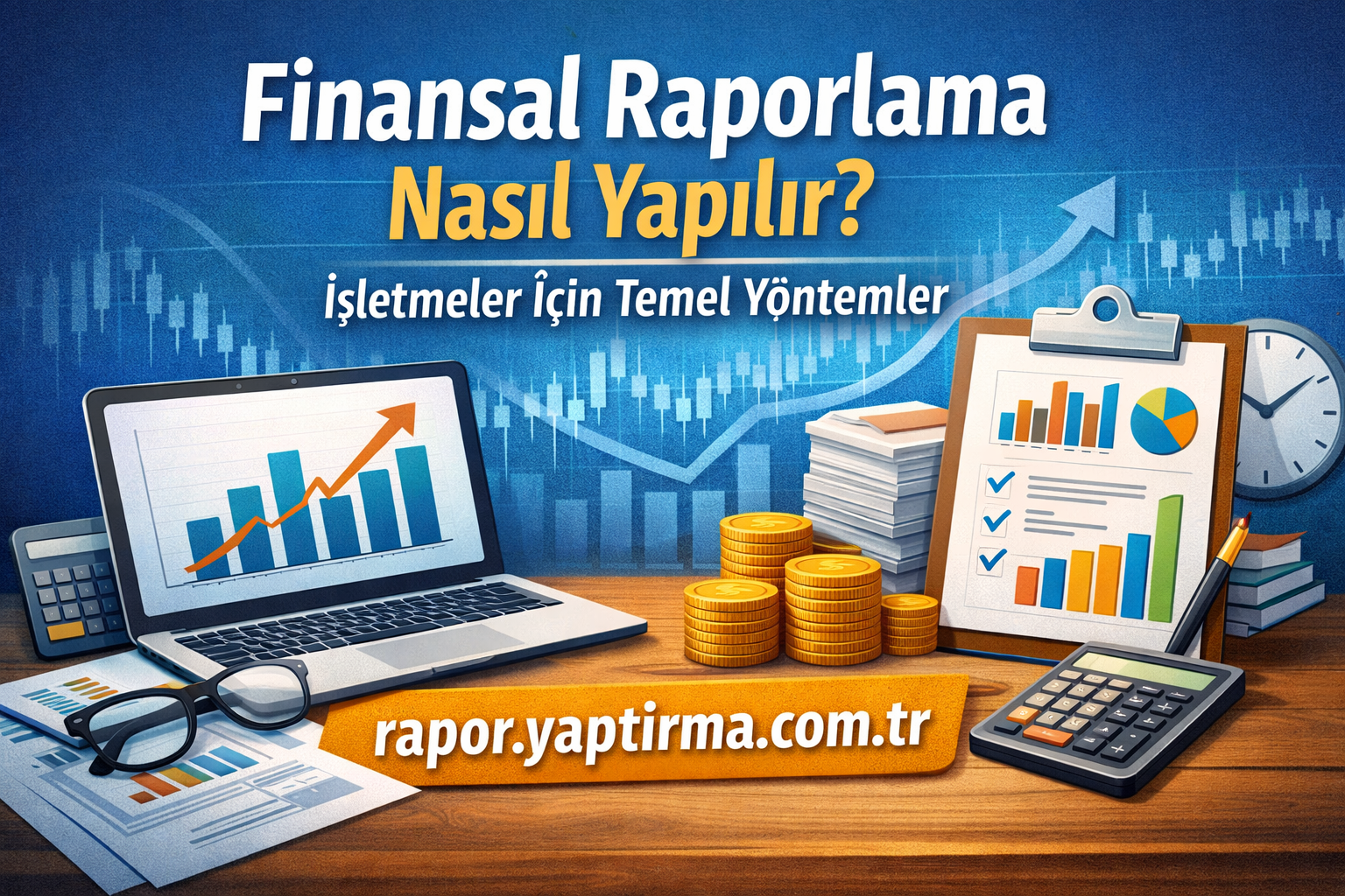 Turkish business infographic: laptop with rising chart, clipboard charts, coins, and a calculator on a wooden desk.