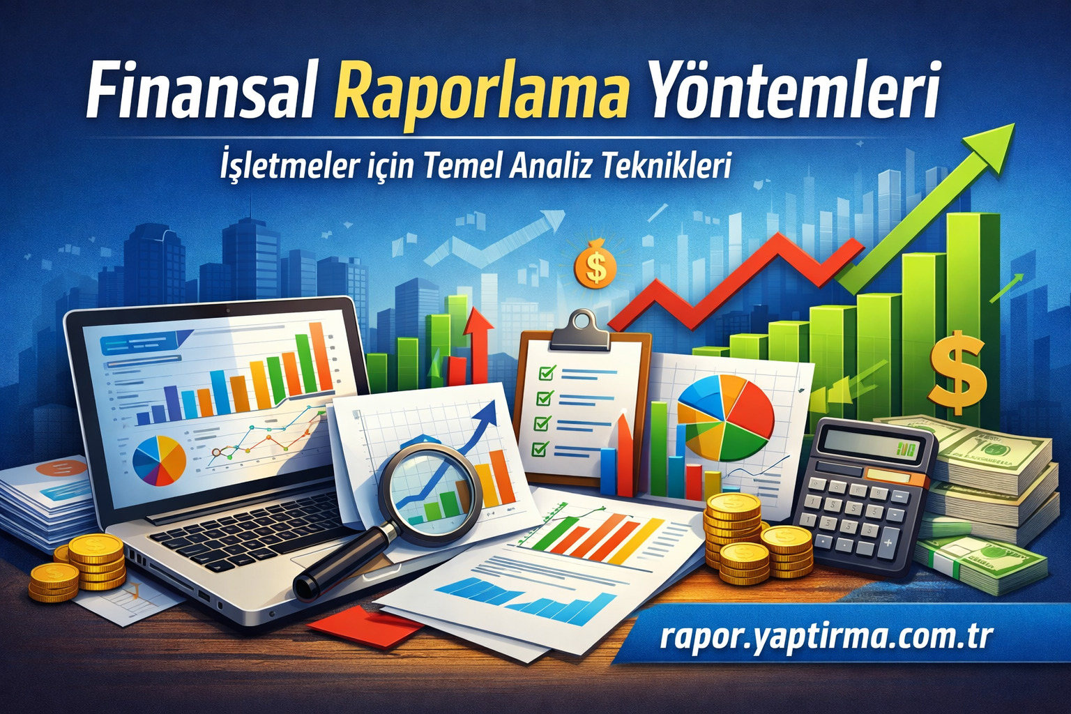 Finansal Raporlama Yöntemleri - Rapor Yaptırma Merkezi Turkish finance banner with charts, a laptop, clipboard, and money on a desk, showing rising graphs and a website URL rapor.yaptirma.com.tr