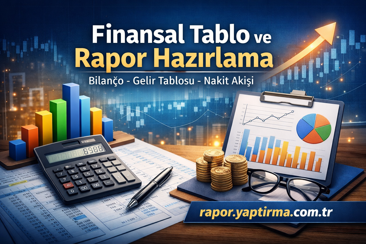 Turkish financial planning banner with a colorful bar chart, calculator, stacked coins, and a clipboard showing graphs; URL rapor.yap tirma.com.tr visible.