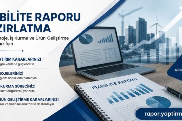 Fižibilite raporu hazırlatma reklam bannerı; masa üzerinde raporlar ve bir laptopla grafikler, şehir silueti arka planda.