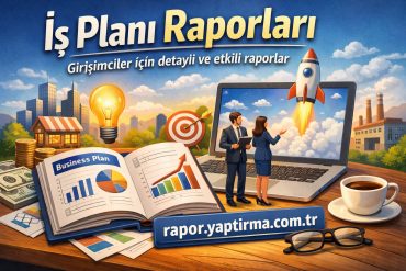 Promotional artwork for business reports for entrepreneurs; laptop launching a rocket, open “Business Plan” book, charts, money, and coffee cup in view.