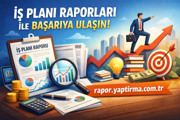 Turkish: A business-themed poster with charts, clipboard, magnifying glass, money, and a man in a suit climbing an upward arrow toward a target, promoting planning reports for success.