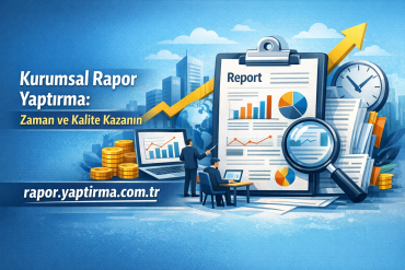 Turkish corporate report banner with charts, a rising arrow, and magnifier; promotes outsourcing reports.