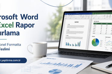 Banner advertising Turkish Word and Excel report preparation; laptop showing Word/Excel dashboards on a desk with a coffee cup and papers