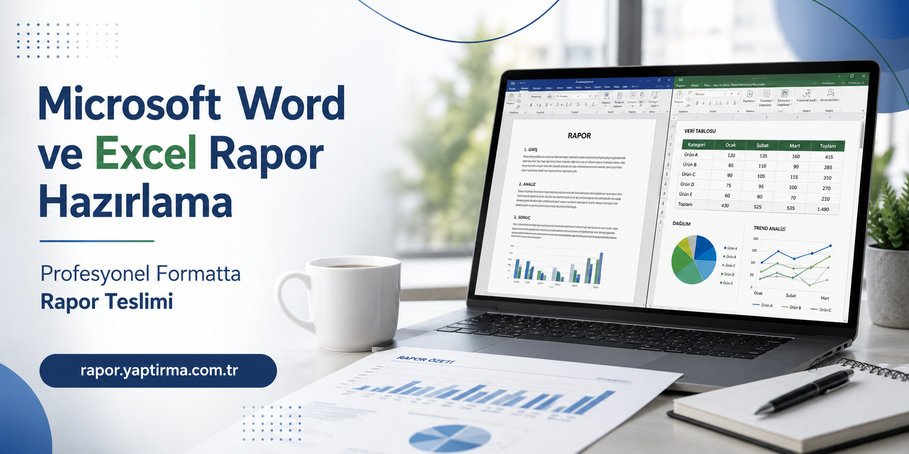 Microsoft Word ve Excel Rapor Hazırlama - Rapor Yaptırma Merkezi Banner advertising Turkish Word and Excel report preparation; laptop showing Word/Excel dashboards on a desk with a coffee cup and papers