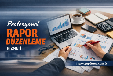 Turkish ad banner for professional report editing services showing a workspace with charts, laptop, and coffee cup on a desk.