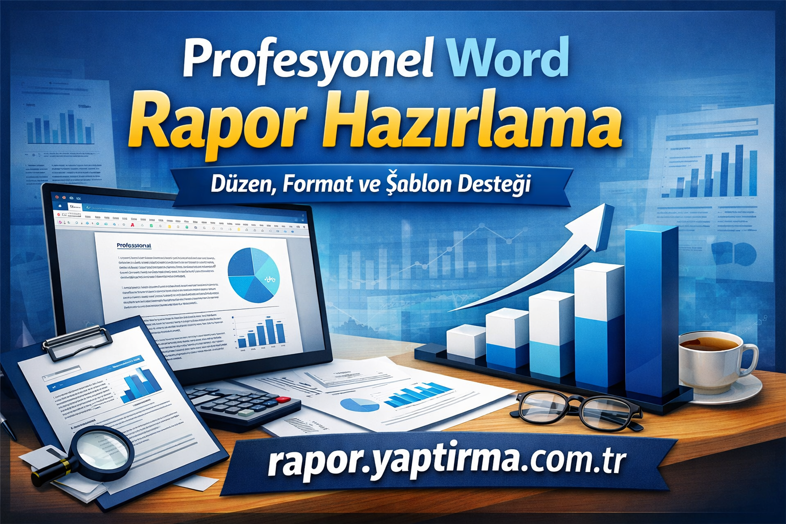 Turkish banner promoting professional Word report preparation, showing a laptop with charts, documents, glasses, and a rising blue bar chart on a blue background.