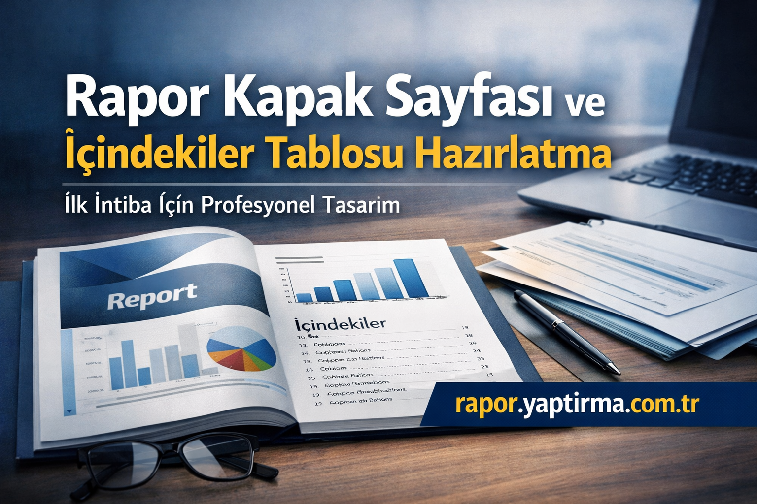 Open business report on a desk showing charts and a 'rapor.yaptirma.com.tr' banner, with glasses in the foreground and a laptop in the background. The Turkish title mentions preparing a report cover and table of contents.