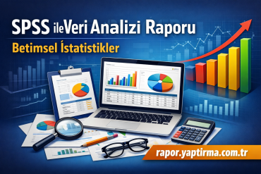 Turkish data analytics infographic: laptop and charts with the title 'SPSS ile Veri Analizi Raporu' and 'Betimsel İstatistikler' on a blue background