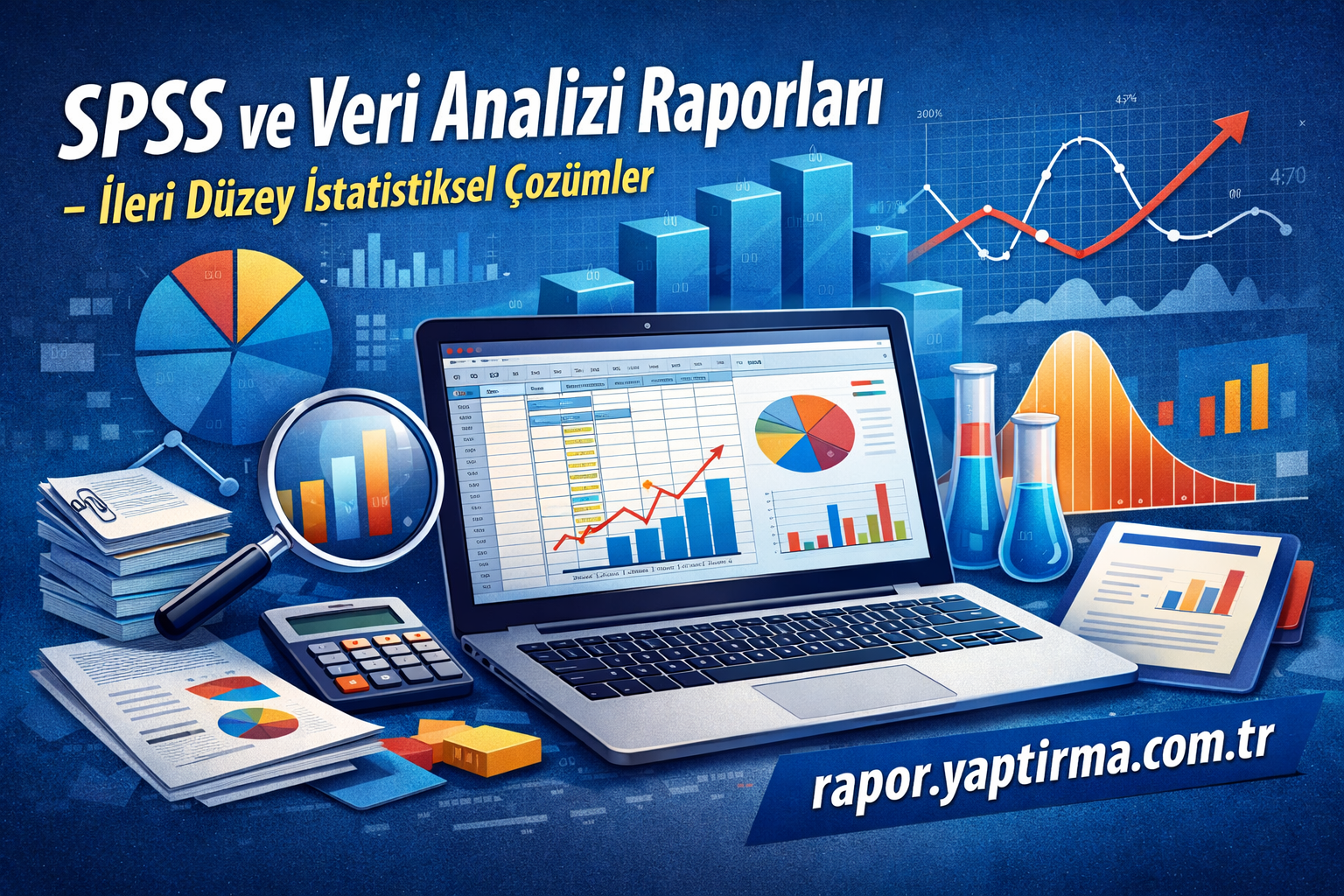 Banner promoting SPSS and data analysis reports with a laptop displaying charts and graphs and surrounding data-analytic tools.