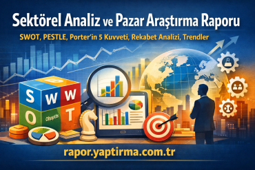 Turkish business infographic cover: title 'Sektörel Analiz ve Pazar Araştırma Raporu' with SWOT blocks, charts, and a globe.