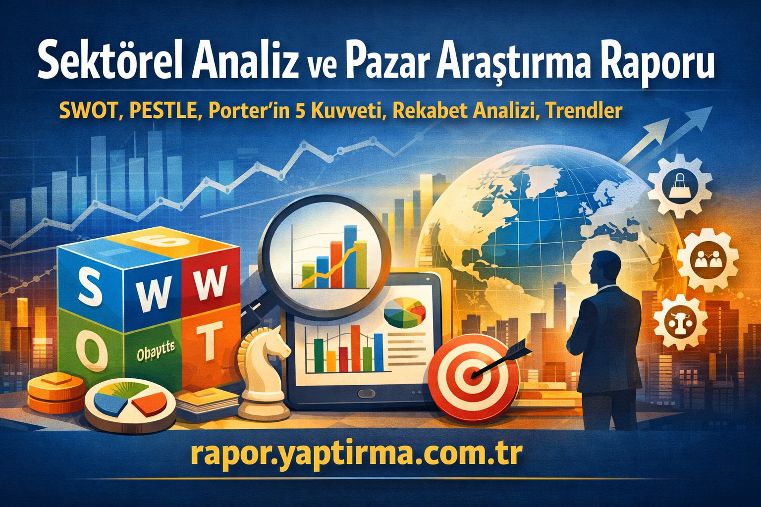 Turkish business infographic cover: title 'Sektörel Analiz ve Pazar Araştırma Raporu' with SWOT blocks, charts, and a globe.