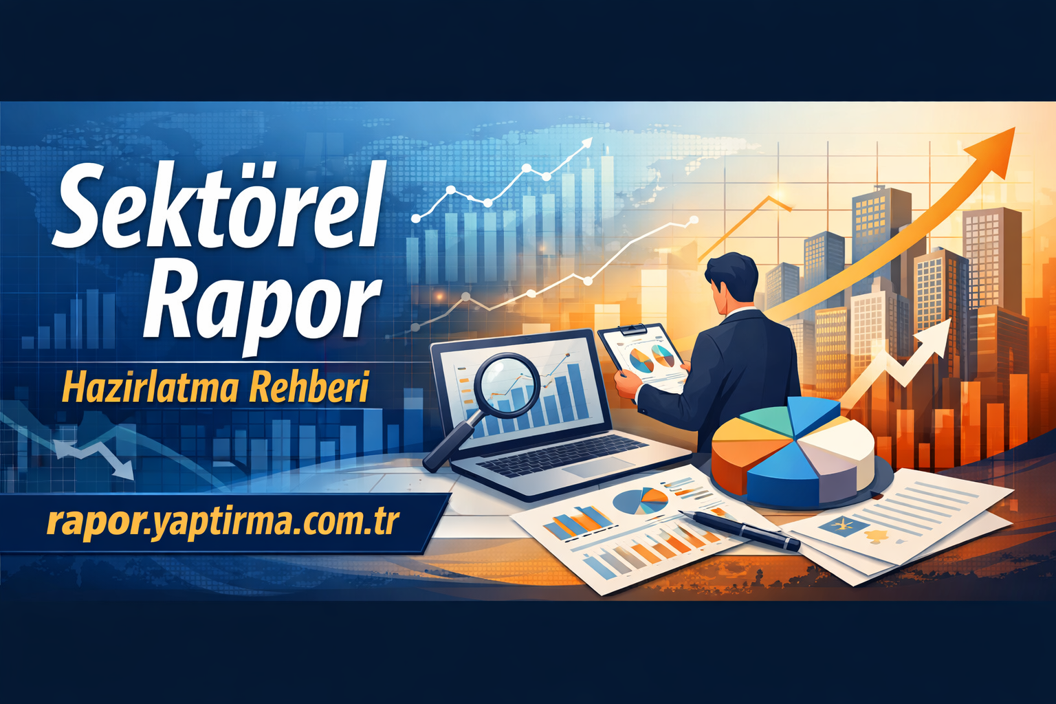 Sektörel Rapor Hazırlatma Rehberi - Rapor Yaptırma Merkezi Businessperson with charts and laptops presenting a sectoral report preparation guide; includes graphs and a pie chart on a cityscape background, Turkish text 'Sektörel Rapor' and URL rapor.yaptirma.com.tr