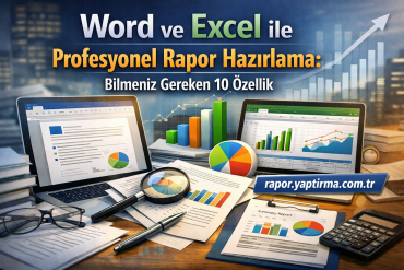 Word ve Excel ile profesyonel rapor hazırlama bannerı; bilgisayarlar ve grafiklerle dolu çalışma masası görüntüsüyle hedef kitleyi çekiyor.