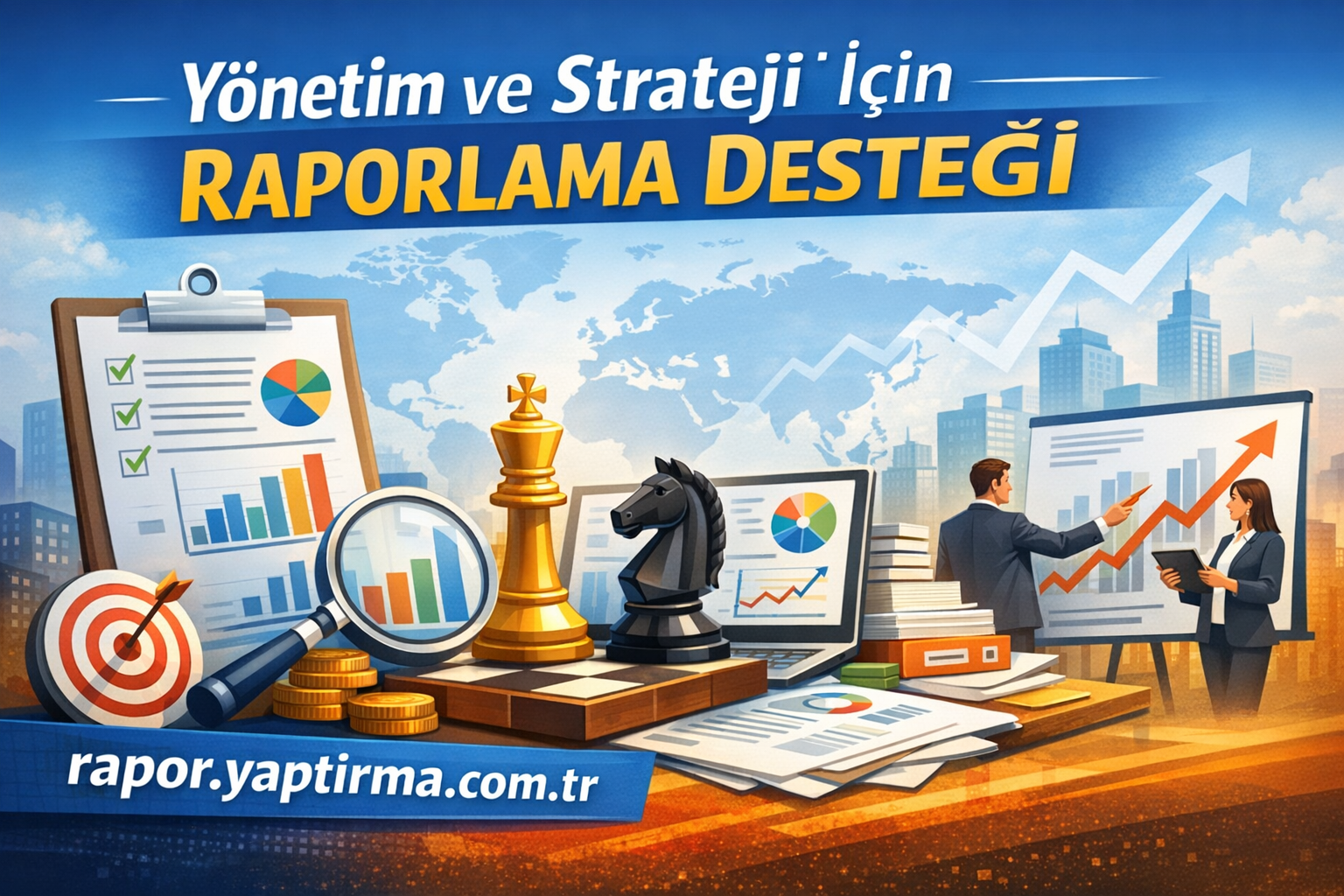 Poster advertising Turkish reporting support, featuring charts, a magnifying glass, chess pieces, and executives presenting growth.