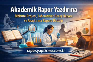 Akademik Rapor Yazdırma - Rapor Yaptırma Merkezi Turkish science-poster showing a researcher in a lab coat using a laptop, with lab glassware, books, a microscope, and charts around; text promotes academic report writing services.