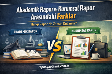 Poster comparing academic vs corporate reports, with lab equipment on the left and charts on the right, and 'VS' in the center.