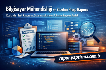 Bilgisayar Mühendisliği ve Yazılım Proje Raporu - Rapor Yaptırma Merkezi Blue tech banner with a laptop, clipboard test report, charts, gears, and a magnifying glass for data analysis. Ribbon shows a web address in the corner.