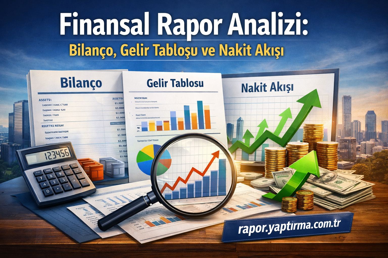 Finansal Rapor Analizi Bilanço Gelir Tablosu ve Nakit Akışı - Rapor Yaptırma Merkezi Turkish: Finansal rapor analizi için bilanço, gelir tablosu ve nakit akışı başlıklarıyla grafiklerle dolu masa üzerinde hesap makinesi, büyüyen para yığınları ve büyüyen oklar.