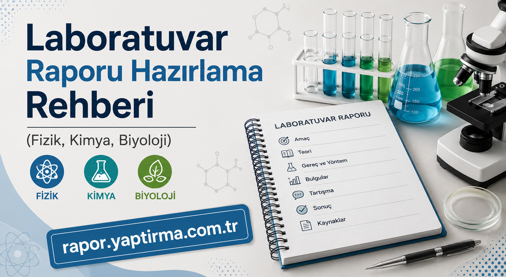 Laboratuvar Raporu Hazırlama Rehberi - Rapor Yaptırma Merkezi Turkish science poster: 'Laboratuvar Raporu Hazırlama Rehberi' with lab glassware, a notebook and science icons (Fizik, Kimya, Biyoloji).