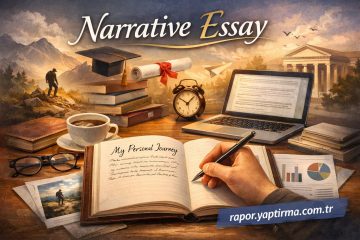 Banner promoting Narrative Essay with a writer's desk: open journal, coffee, glasses, books, laptop, clock, and a scenic backdrop; 'My Personal Journey'.