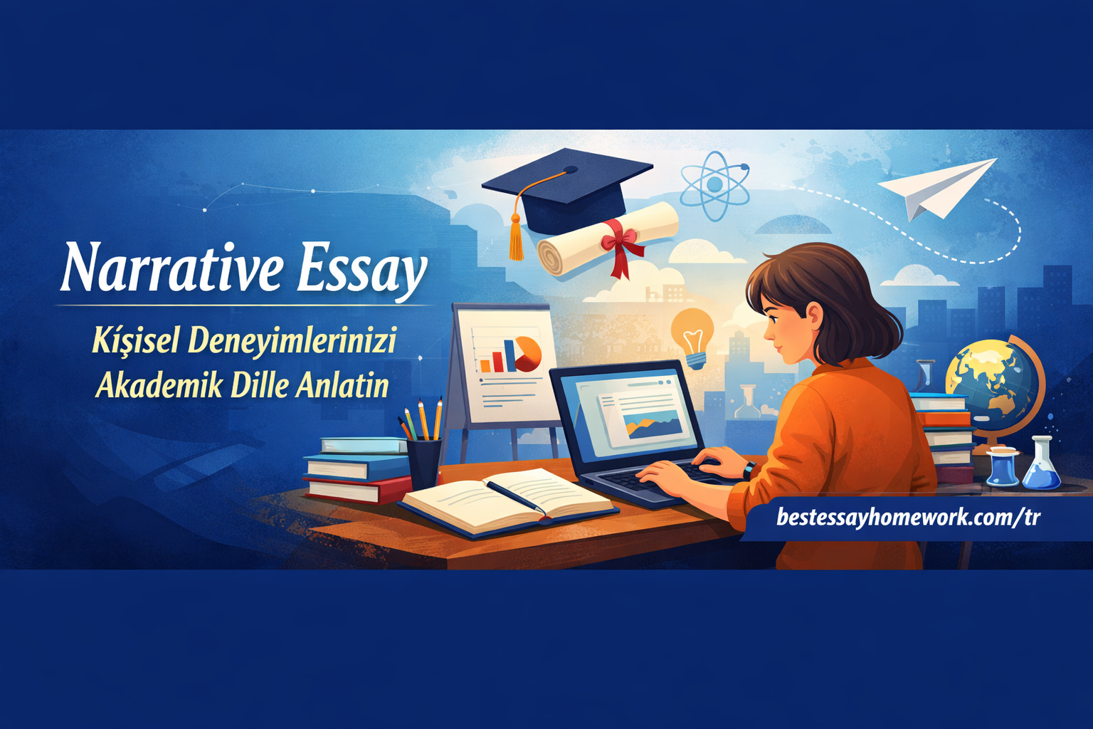 Banner about narrative essay writing; shows student at a laptop with books and icons, Turkish subtitle about personal experiences in academic language.