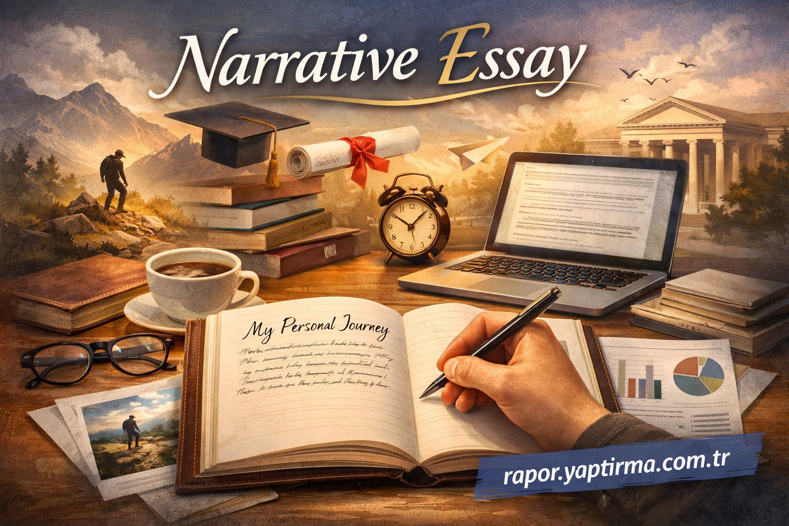 Narrative Essay - Rapor Yaptırma Merkezi Banner promoting Narrative Essay with a writer's desk: open journal, coffee, glasses, books, laptop, clock, and a scenic backdrop; 'My Personal Journey'.