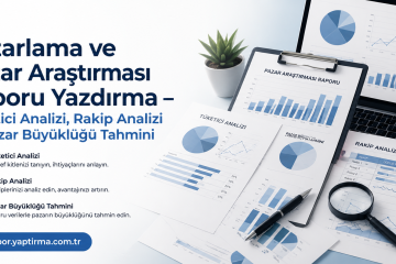 Turkish ad banner showing market research report materials with charts on clipboard and laptop, emphasizing consumer and competitor analysis visuals.
