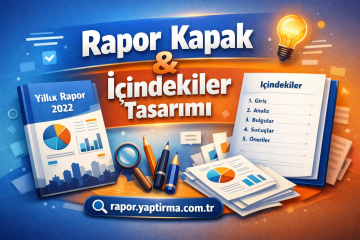 Renkli rapor kapağı tasarımı: 'Rapor Kapak & İçindekiler Tasarımı' başlığıyla grafikler ve belgeler var.