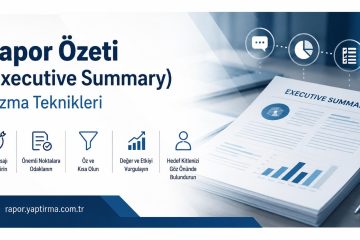 Turkish cover image for 'Rapor Özeti (Executive Summary) Yazma Teknikleri' featuring a document and blue icons on a desk.