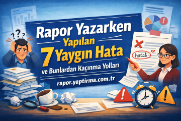 Turkish infographic banner about seven common report-writing mistakes, showing a stressed man and a woman pointing to a marked errors page.