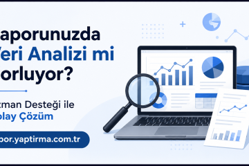 Turkish ad banner offering data analysis help: large text 'Raporunuzda Veri Analizi mi Zorluyor?'; laptop with charts, magnifying glass, and website rapor.yaptirma.com.tr
