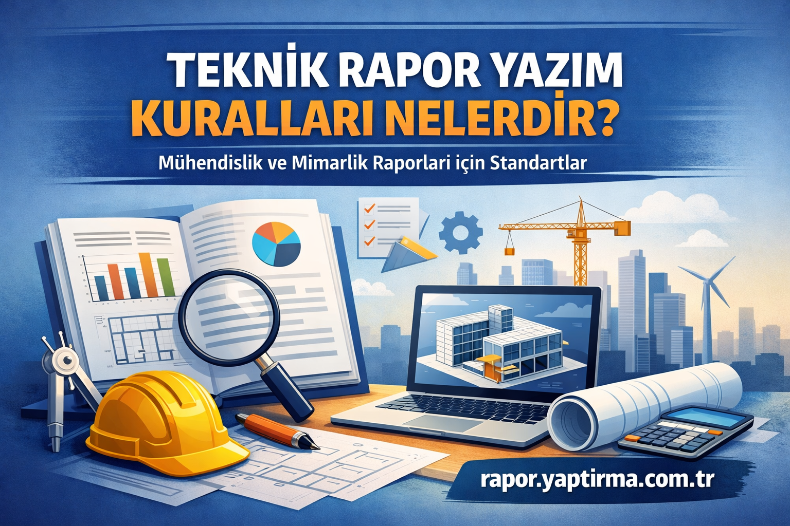 Teknik Rapor Yazım Kuralları Nelerdir - Rapor Yaptırma Merkezi Turkish banner showing engineering tools (helmet, blueprints, magnifying glass, laptop) and skyline with the title 'TEKNİK RAPOR YAZIM KURALLARI NELERDİR?' and subtitle.