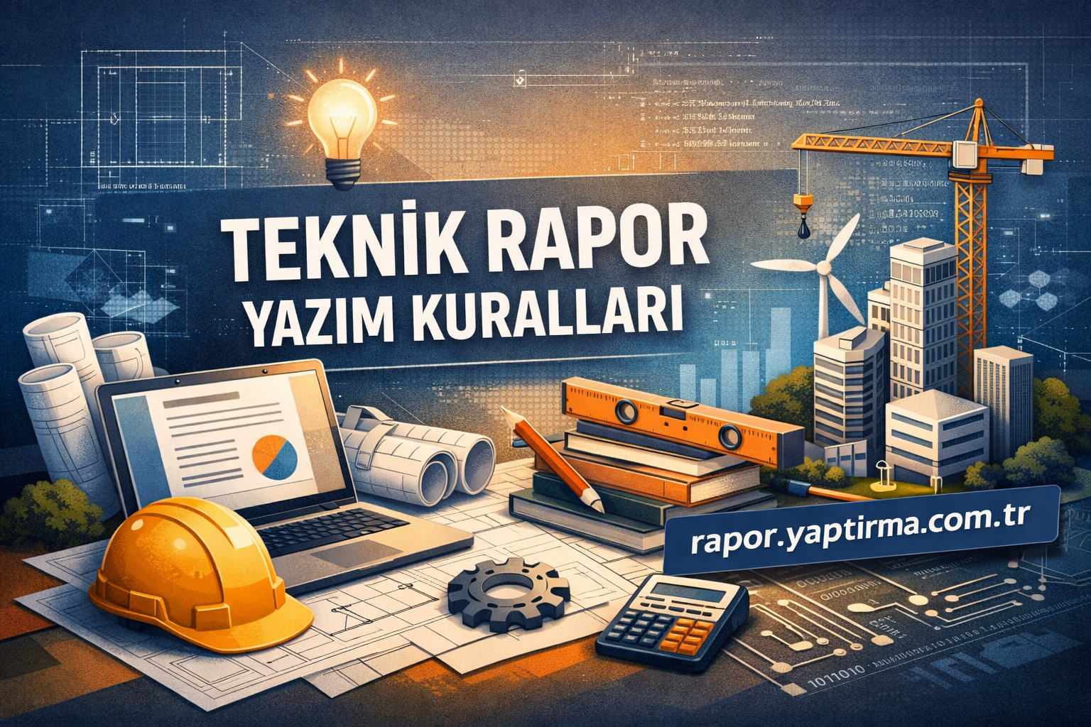 Teknik Rapor Yazım Kuralları - Rapor Yaptırma Merkezi Poster advertising Teknik Rapor Yazım Kuralları with blueprints, hard hat, laptop, ruler and a construction crane cityscape.