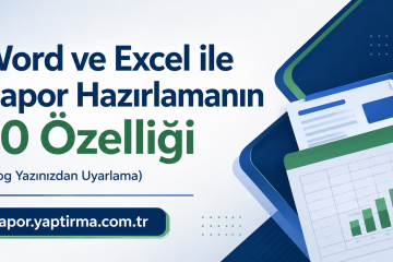 Turkish blog hero: 'Word ve Excel ile Rapor Hazırlamanın 10 Özelliği' with charts and the site URL rapor.yaptirma.com.tr.