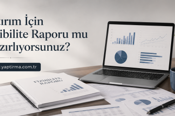 Turkish header asking if you’re preparing a feasibility report for investment, with a laptop showing charts on a desk.