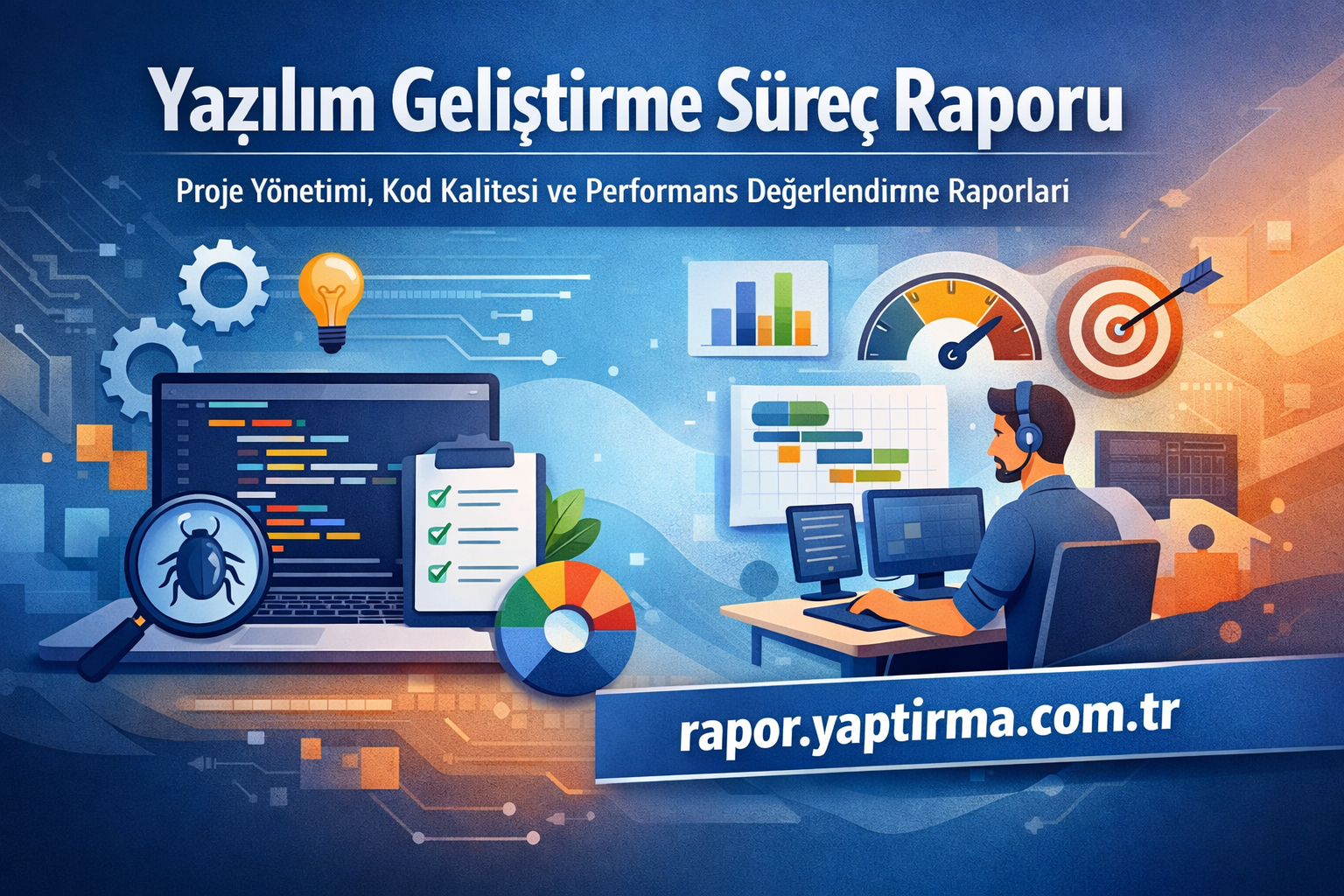 Software development process illustration with a coder, laptops, charts, gears, and a 'rapor.yaptirma.com.tr' banner.
