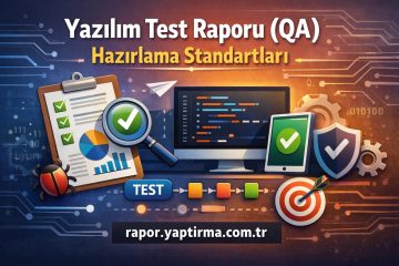 Türkçe başlık: Yazılım Test Raporu (QA) Hazırlama Standartları ve yazılım testi sürecinin görsel temsiliyle bir çalışma ortamı simgesiyle birlikte gösteriliyor.