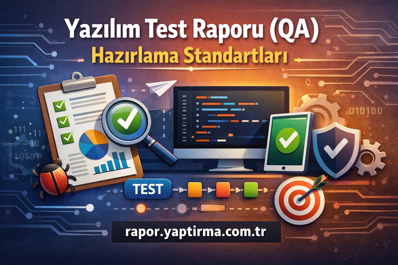 Yazılım Test Raporu QA Hazırlama Standartları - Rapor Yaptırma Merkezi Türkçe başlık: Yazılım Test Raporu (QA) Hazırlama Standartları ve yazılım testi sürecinin görsel temsiliyle bir çalışma ortamı simgesiyle birlikte gösteriliyor.