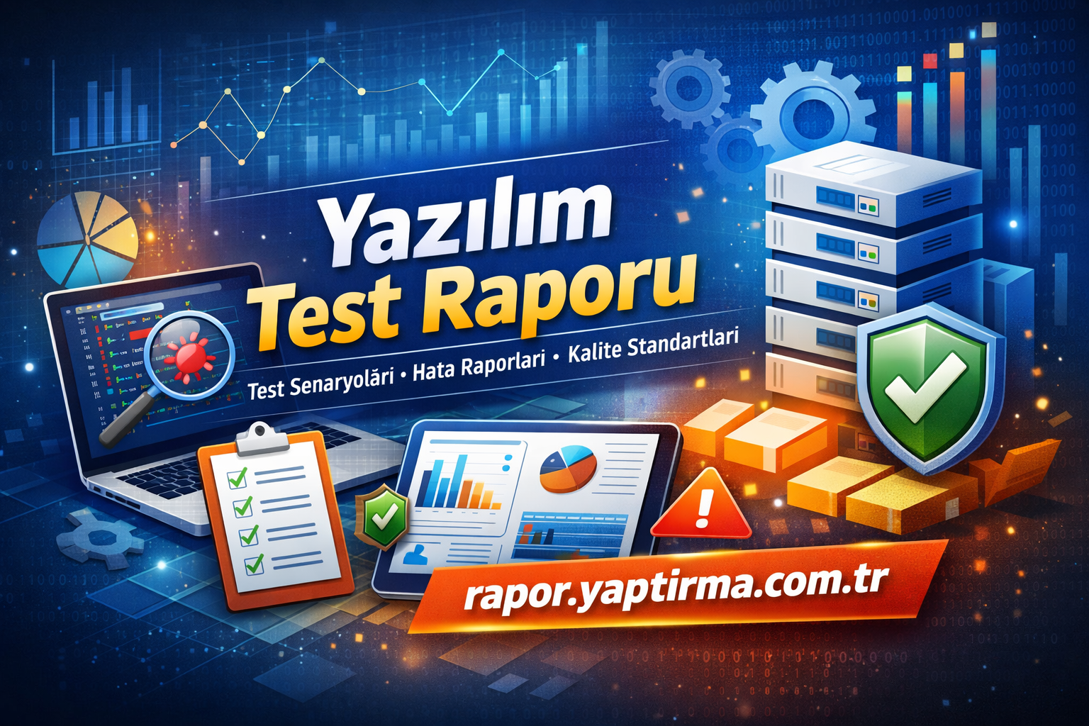 Yazılım Test Raporu QA Hazırlatma - Rapor Yaptırma Merkezi 'Yazılım Test Raporu' başlığıyla grafikler ve sunucu raflarını içeren test raporu temalı görsel, güvenlik simgeleriyle desteklenmiş.