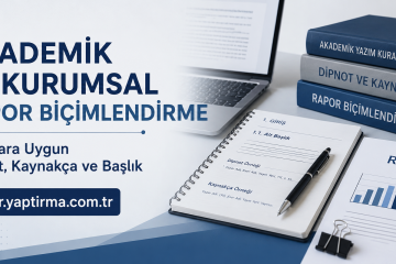 Promotional banner for academic report formatting in Turkish, featuring a laptop, notebook, stacked books, and a report on a blue desk. URL rapor.yaptirma.com.tr is shown.