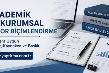 Akademik ve Kurumsal Rapor Biçimlendirme - Rapor Yaptırma Merkezi Promotional banner for academic report formatting in Turkish, featuring a laptop, notebook, stacked books, and a report on a blue desk. URL rapor.yaptirma.com.tr is shown.